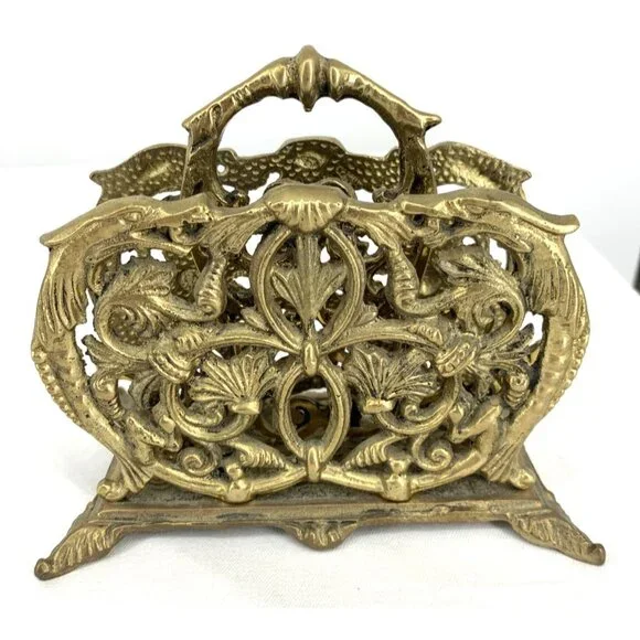 Brass Letter Napkin Holder Desk Organizer Floral Baroque Ornate Heavy 6" - Picture 1 of 6